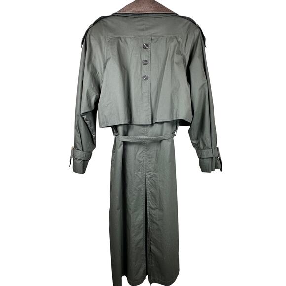 Gallery Green Long Trench Coat Size 12 Removable Lining Leather Contrast - Picture 2 of 13